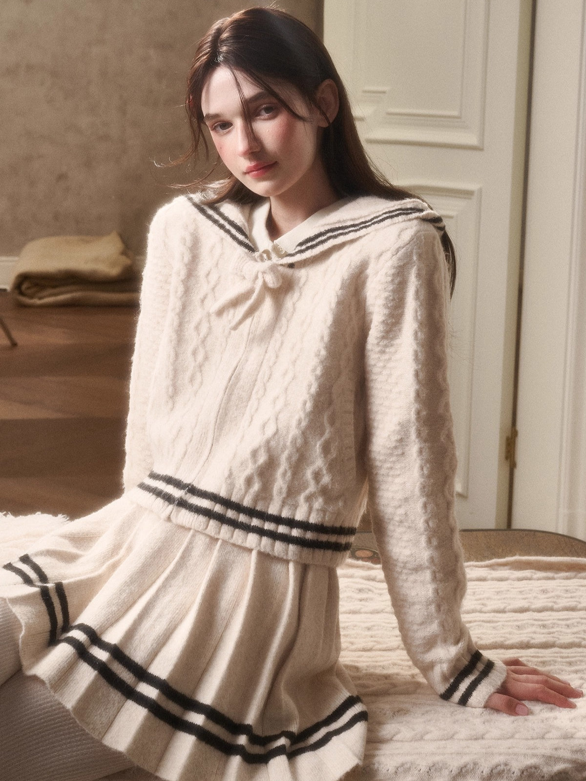 White Philosophy Wool Cloud Cable-Knit Cardigan & Pleated Skirt Set