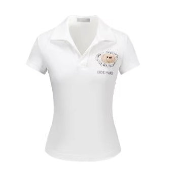 Rhinestone-Embellished Slim-Fit Cropped Polo T-Shirt