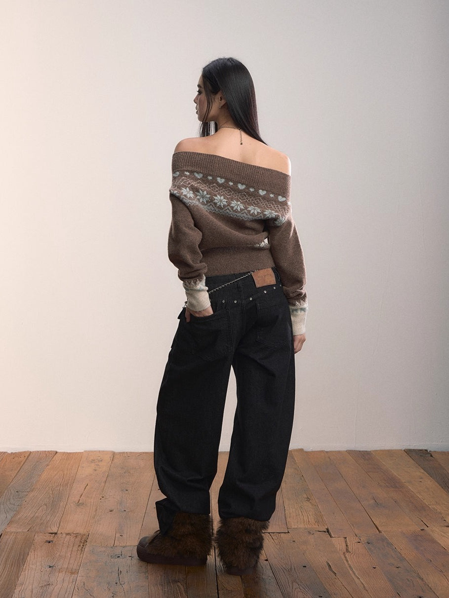 Fair Isle Off-Shoulder Wool Blend Knit Sweater
