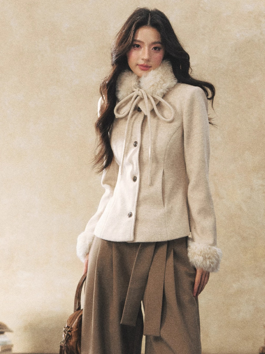 Detachable Fur-Collar Wool-Blend Jacket