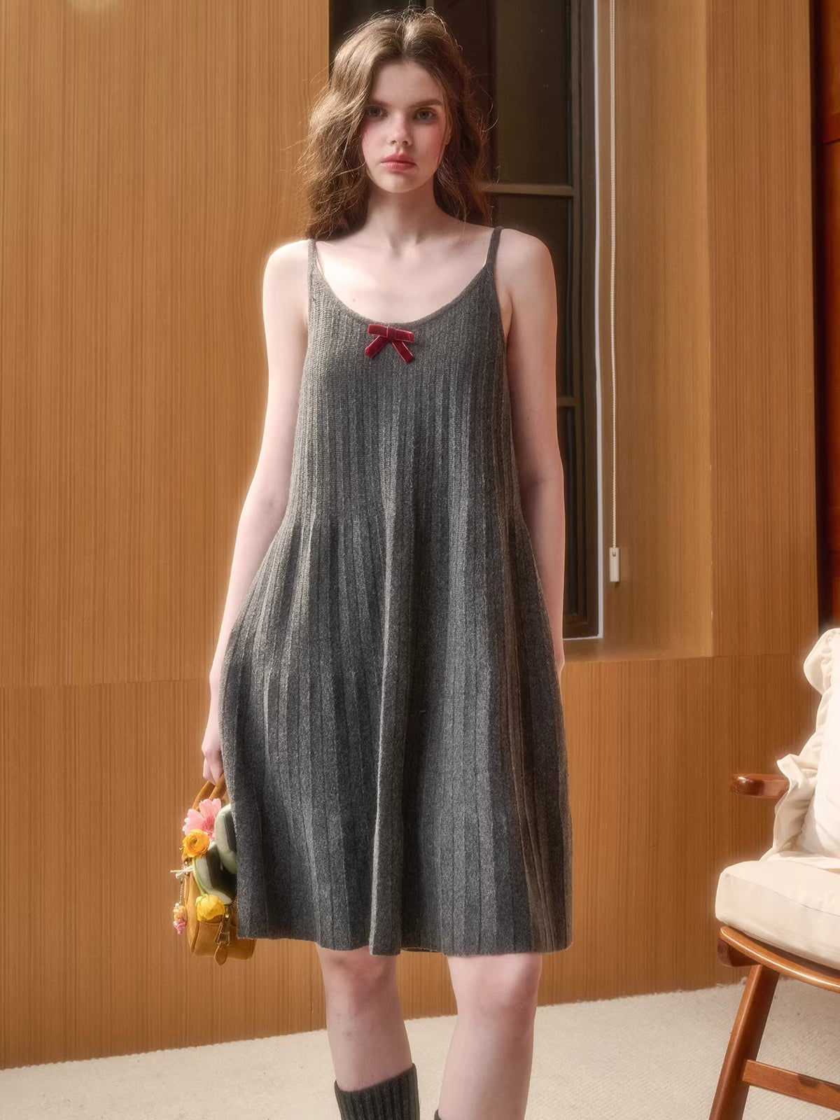 Wool Blend Pleated Knit Midi Dress