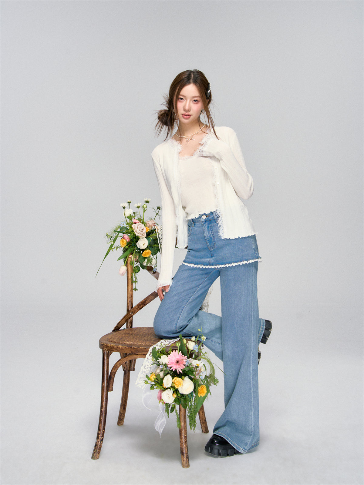 Lace Layered Faux Two-Piece Denim Pants - CHINASQUAD