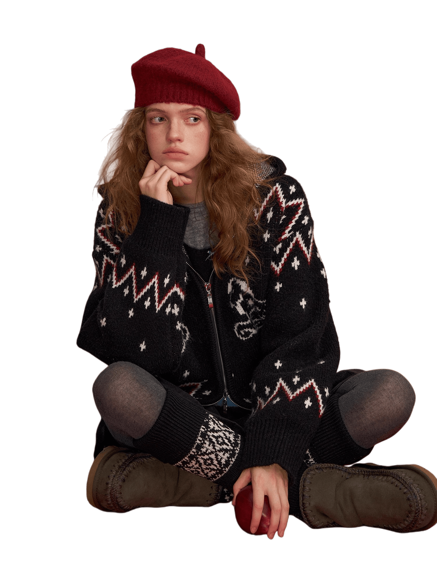 Fair Isle Horse-Pattern Hooded Cardigan