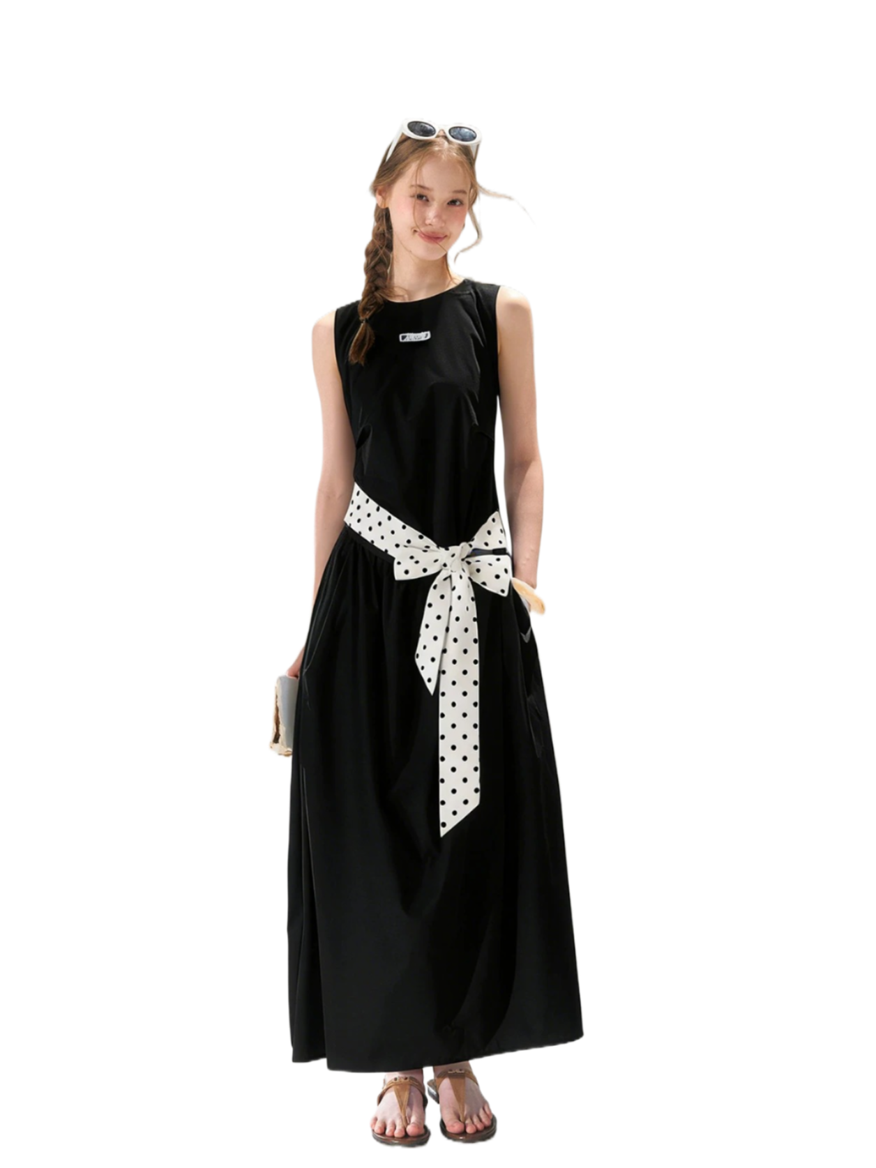 Polka-Dot Tie-Waist Sleeveless Midi Dress