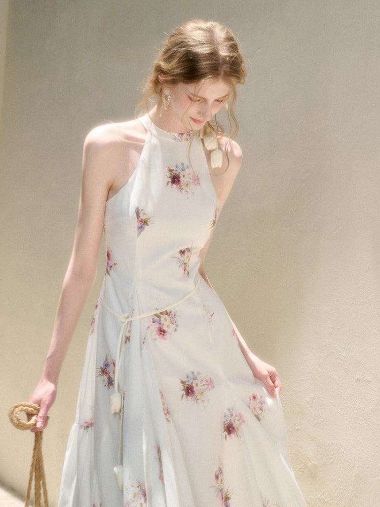Halter Neck Printed Square Scarf Long Dress - CHINASQUAD
