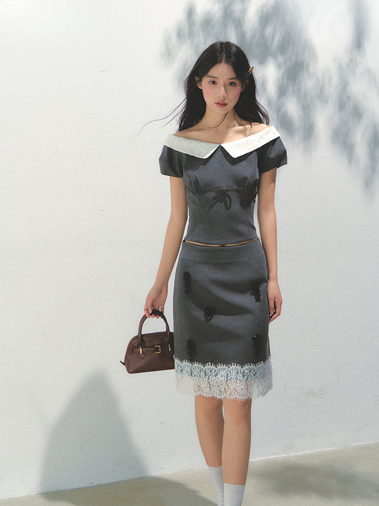 Dark Gray Princess Sleeve Top & skirt set - CHINASQUAD
