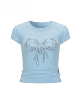 Bow Tie Rhinestone Short Sleeve T-shirt - CHINASQUAD