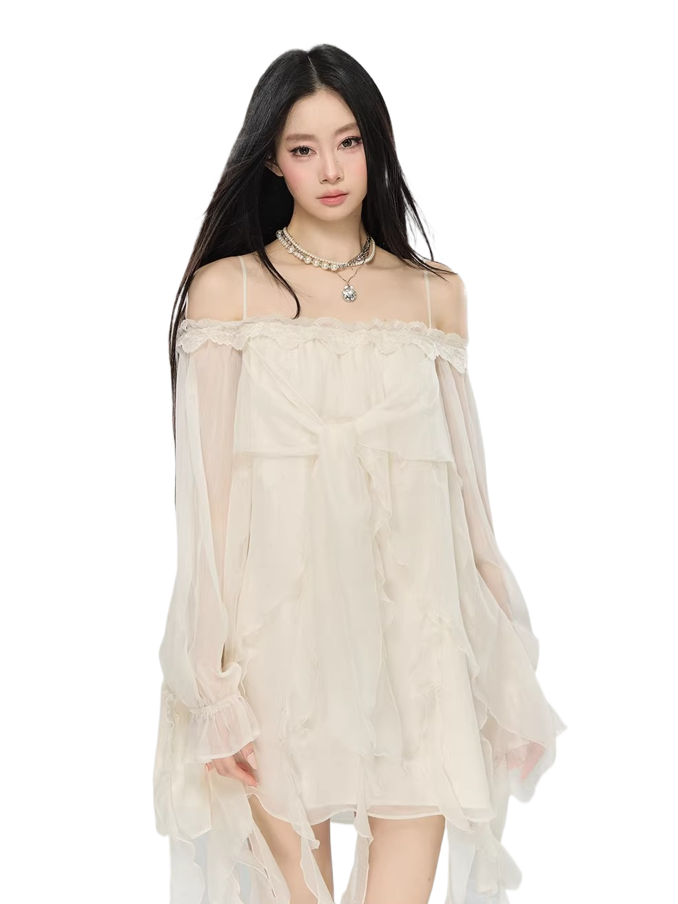 Lace-Trim Off-Shoulder Chiffon Dress White / L