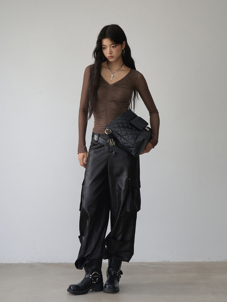 V-Neck Ruffled Mesh Slim Long-Sleeve Blouse - CHINASQUAD
