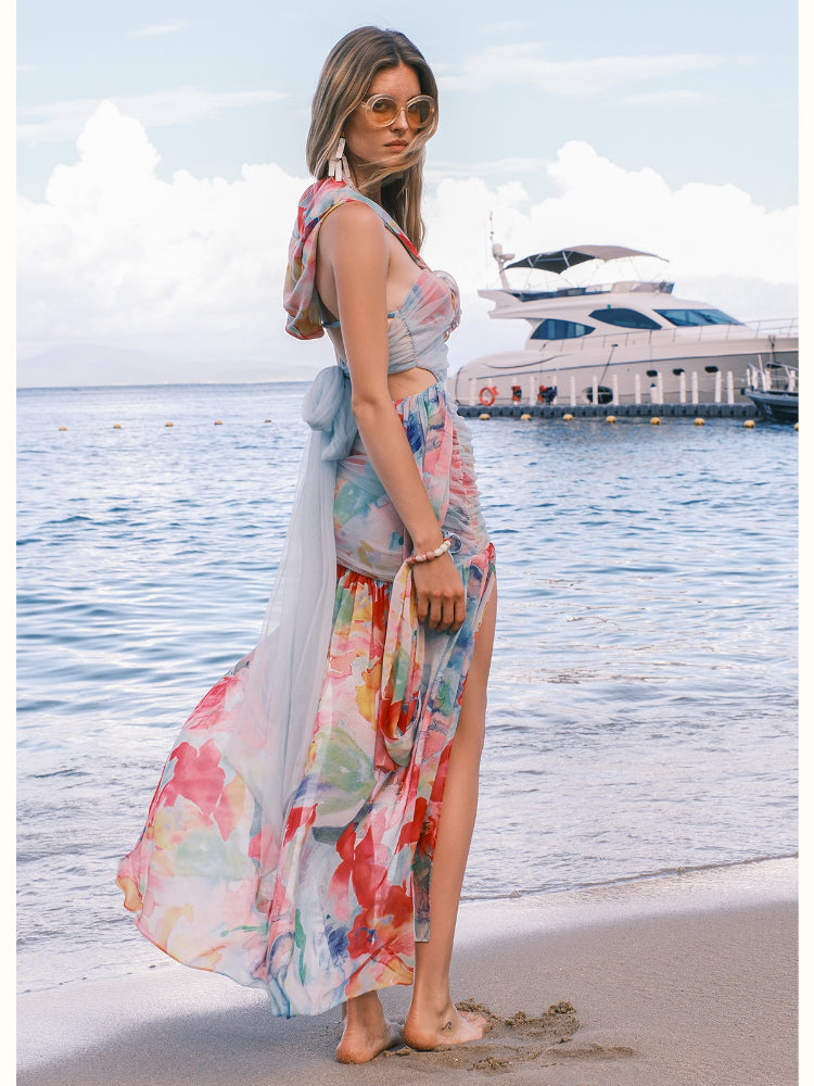 Rosa Chiffon Floral-print Halter Neck Backless Dress - CHINASQUAD