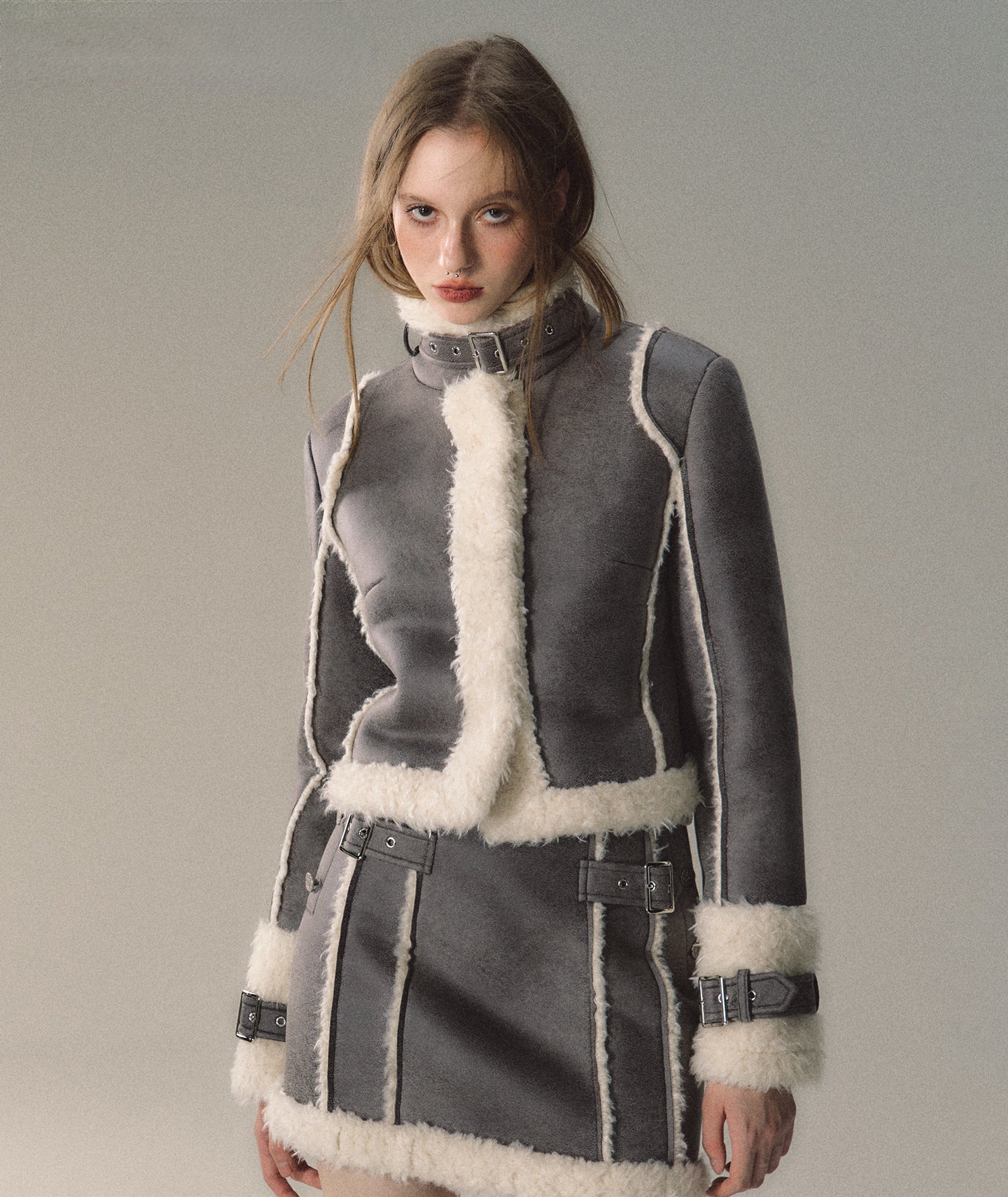 Grey Short Plush Shearling Jacket & Skirt Set - CHINASQUAD