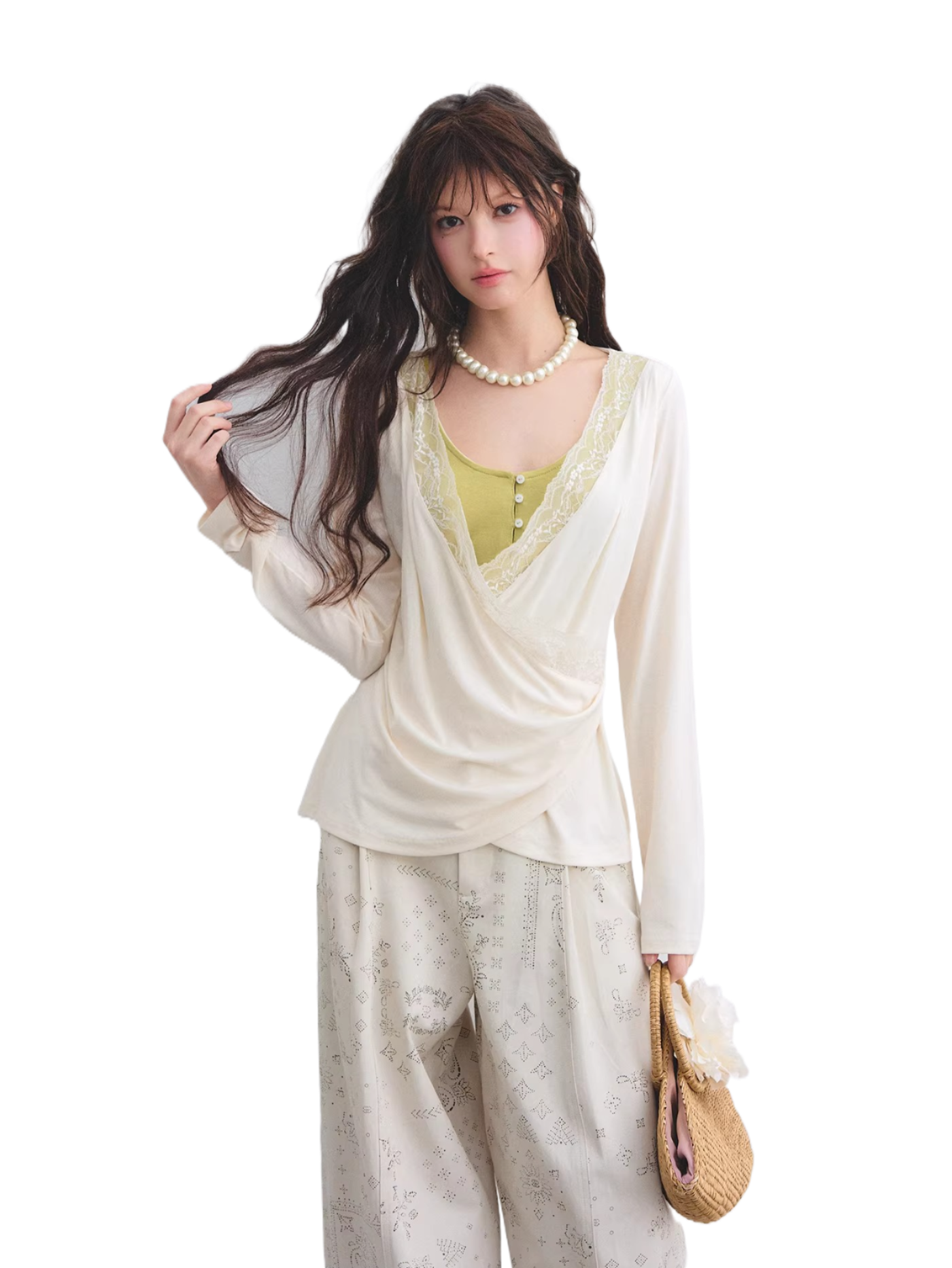 Tencel Lace Contrast Layered Cross-Drape Blouse