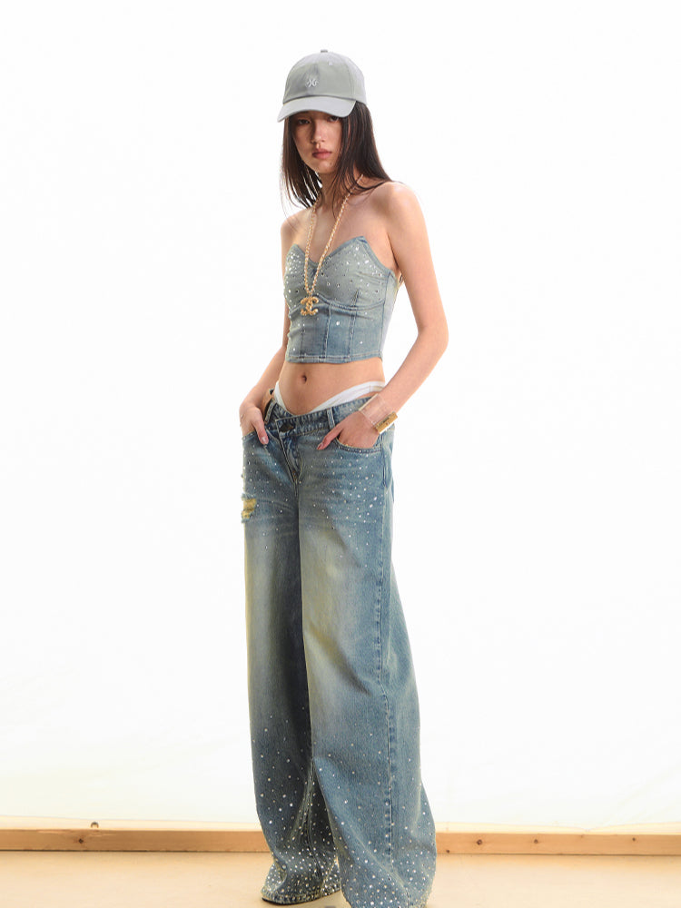 Washed Rhinestone Straight-Leg Wide-Leg Pants - CHINASQUAD