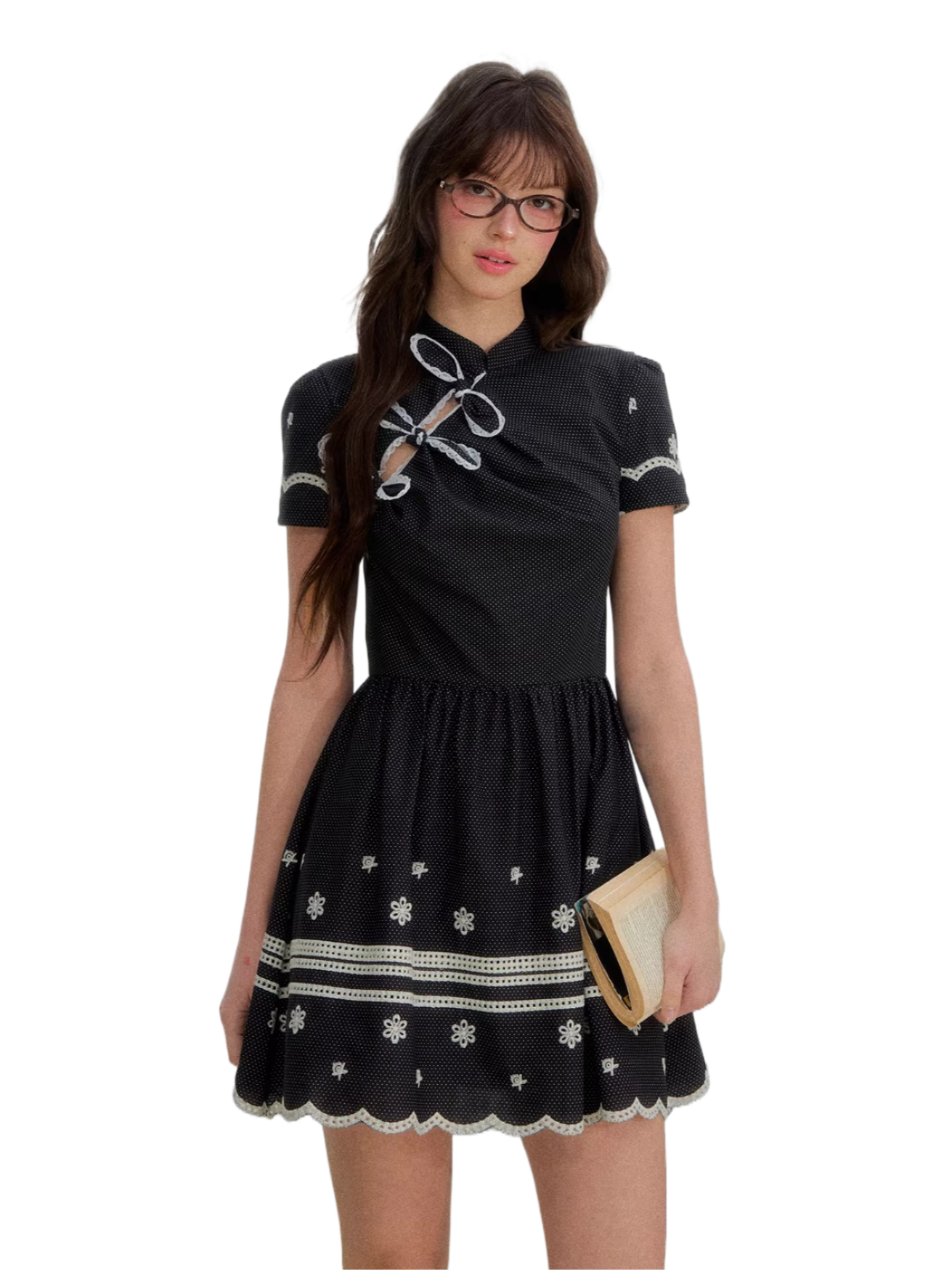 Polka Dot Embroidered Bow Cheongsam Dress