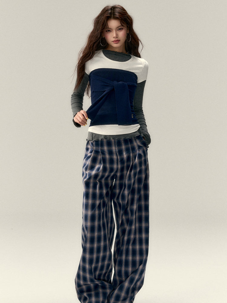 Gray & Navy Blue Tie-Knitted Top - CHINASQUAD