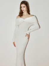 Off-Shoulder Fur Collar Feather Yarn Dress - CHINASQUAD