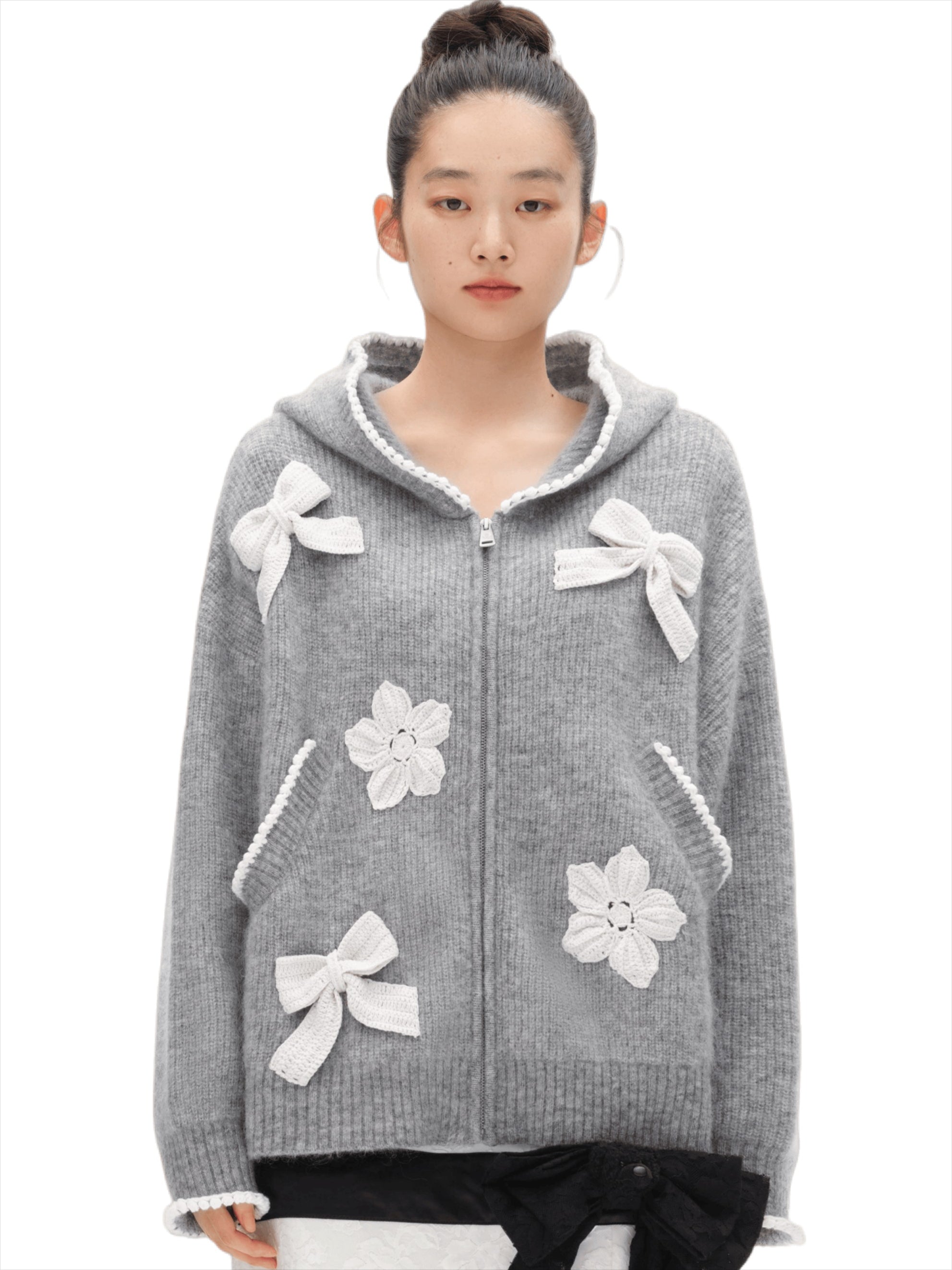 Crochet-Trim Knit Hoodie
