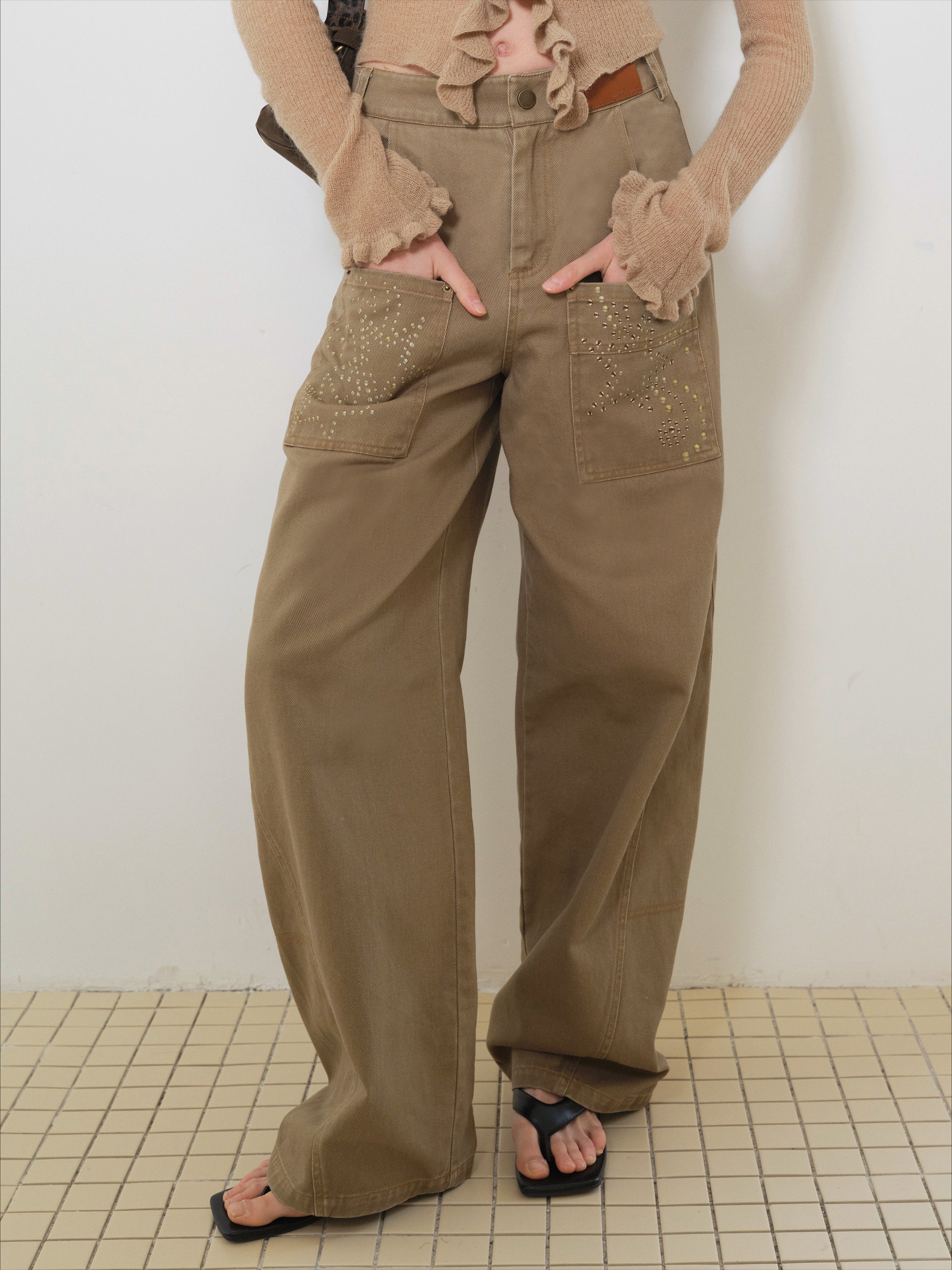 Wash Wide-Leg Star Print Jeans - CHINASQUAD