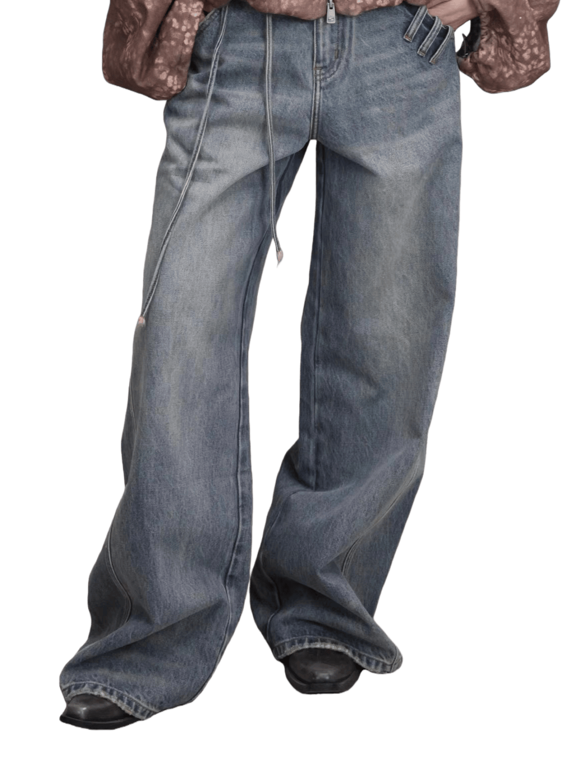 Asymmetric Tie-Detail Loop-Tab Denim Jeans