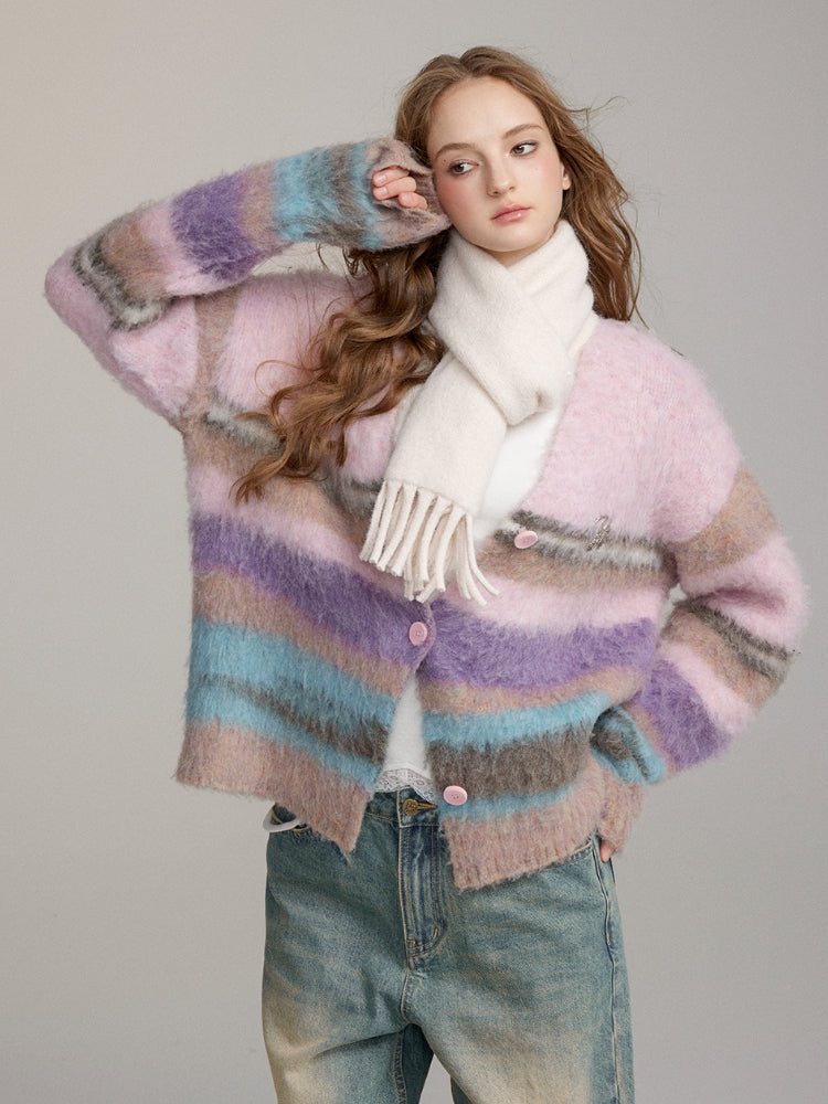 Brushed Colorblock Striped Knit Cardigan - CHINASQUAD