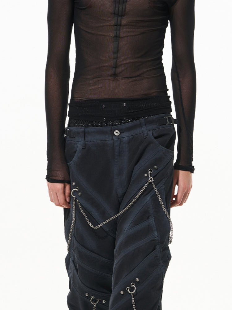 Black Chain-Decorated Washed Cargo Pants - CHINASQUAD