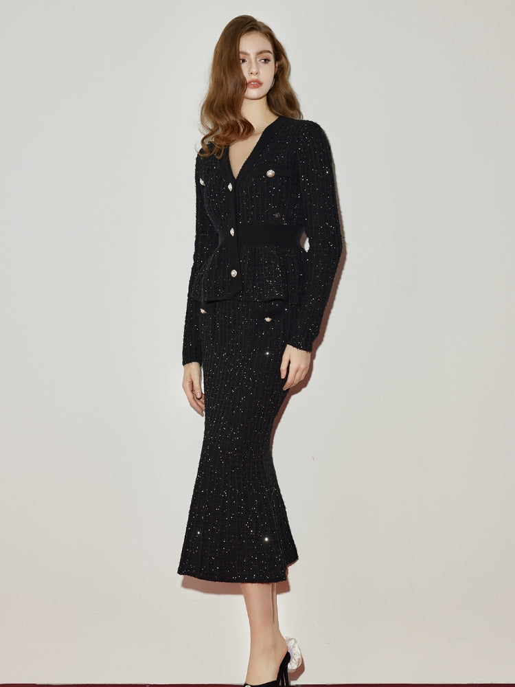 V-Neck Waist-Cinching Mermaid Cardigan & Skirt Set - CHINASQUAD