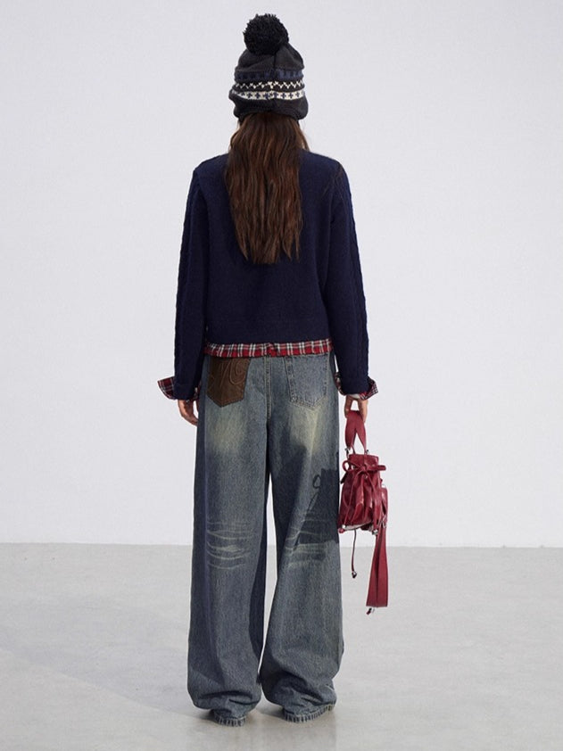 Plaid Patchwork Knit Cardigan