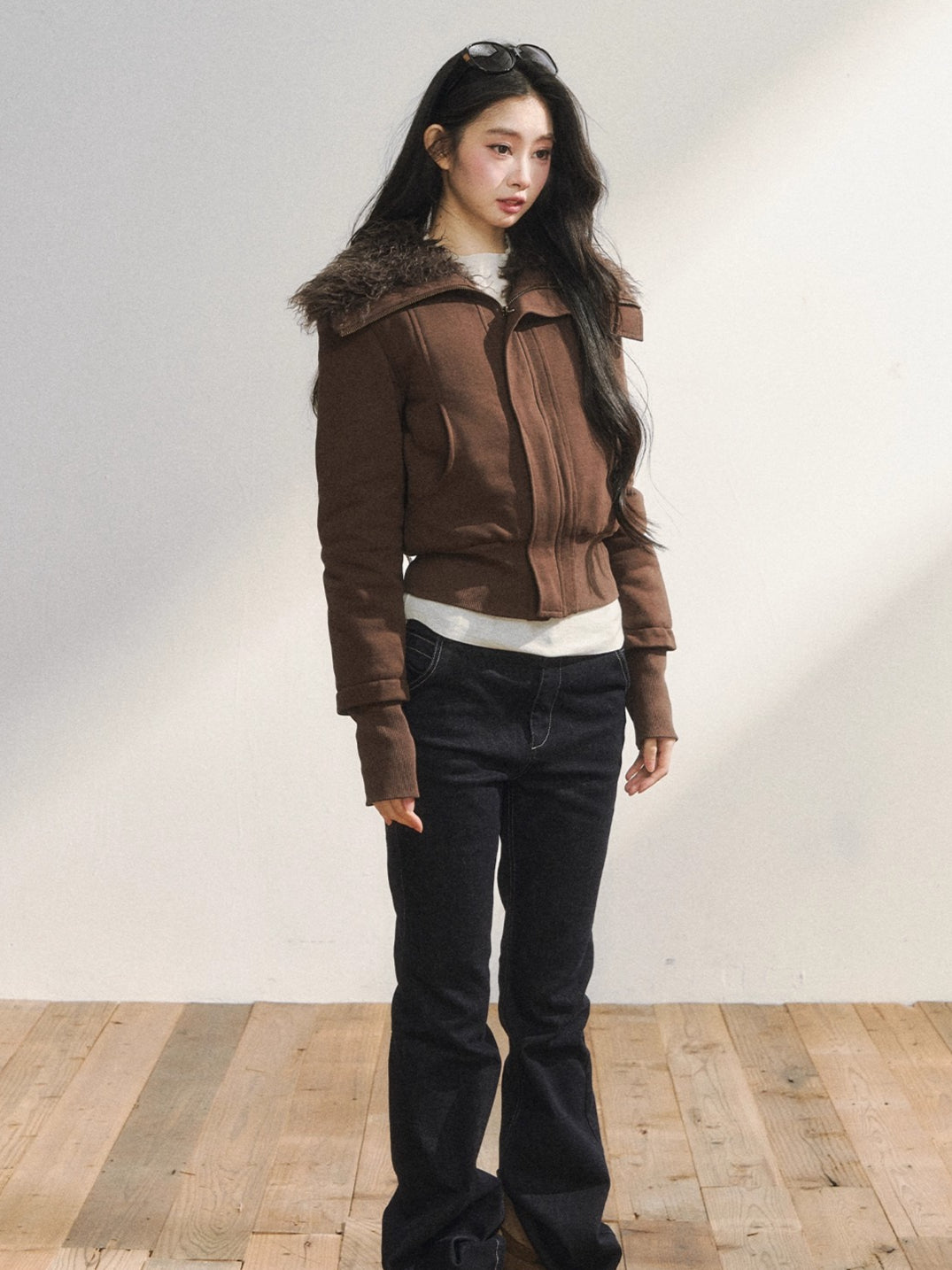 Faux Fur Collar Cropped Sweat Jacket