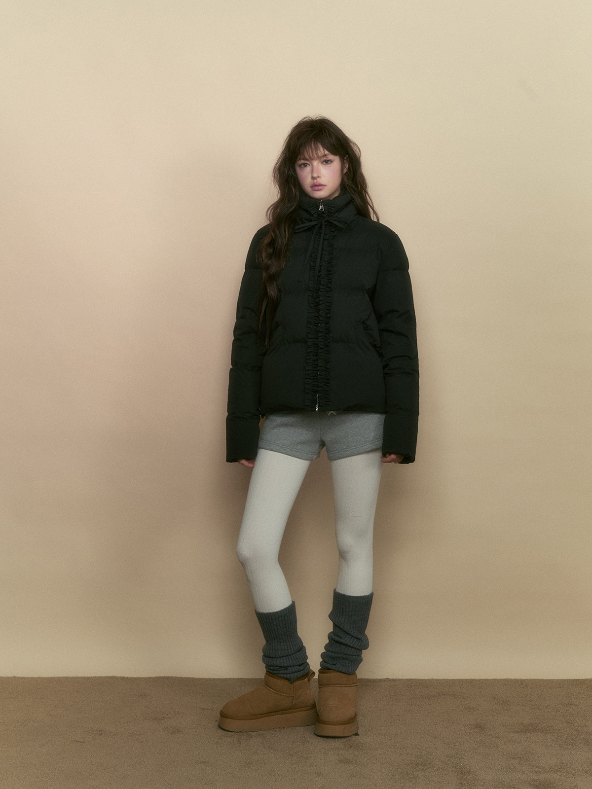 Black Ruffled Short Down Jacket - CHINASQUAD
