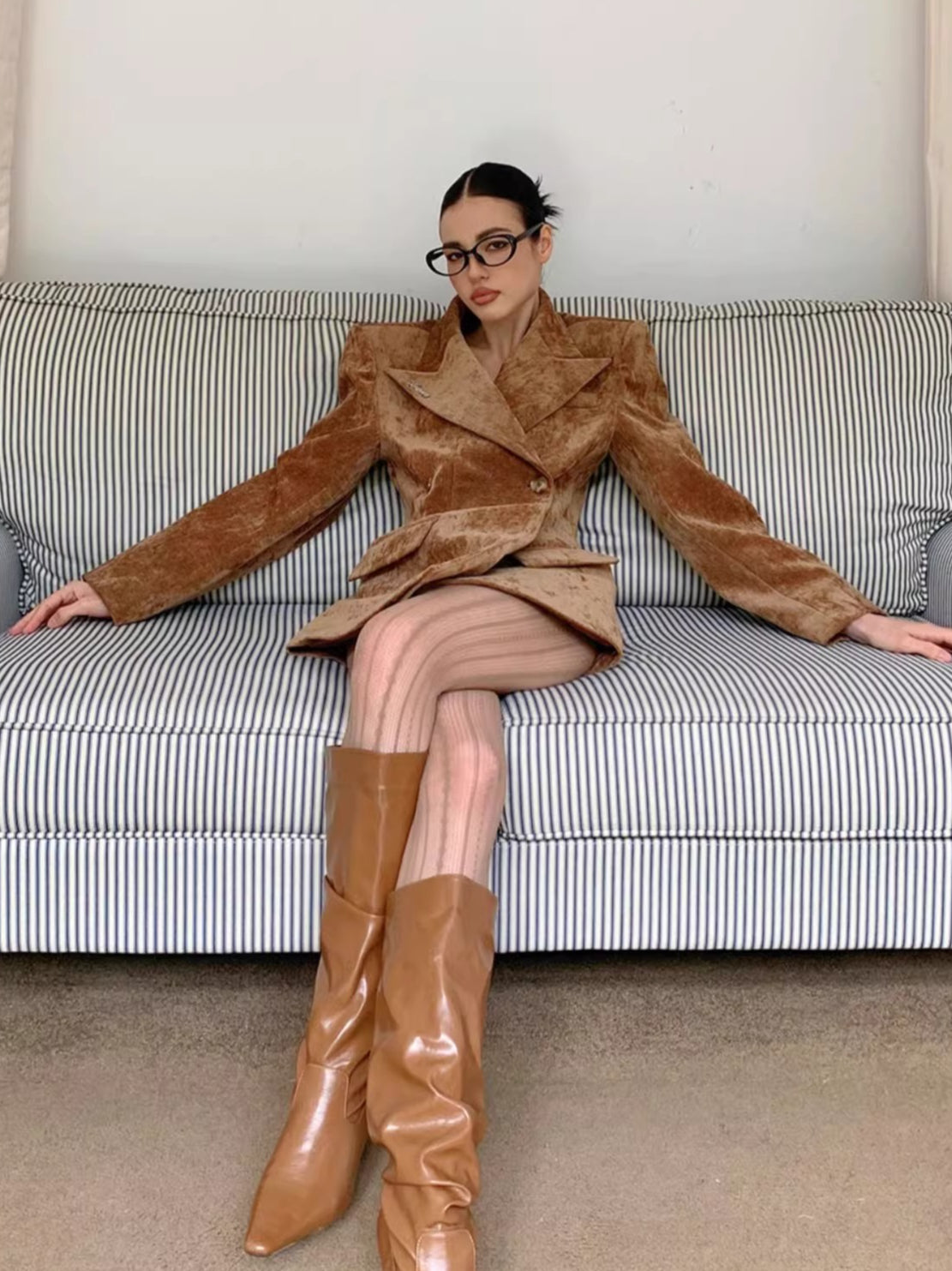 Waist-Cinched Power-Shoulder Blazer