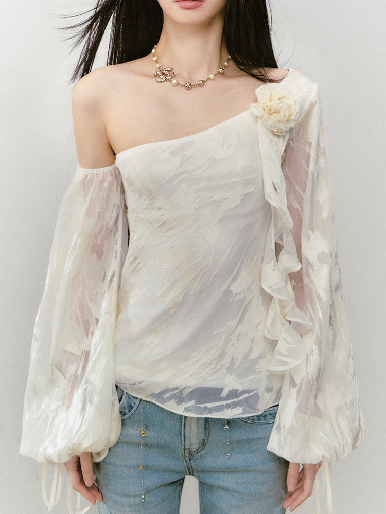 Irregular Slant Shoulder Lantern Sleeve T-shirt - CHINASQUAD