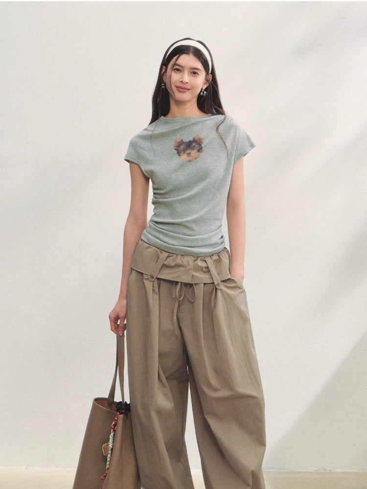 Elastic Pleated Crew Neck T-shirt - CHINASQUAD