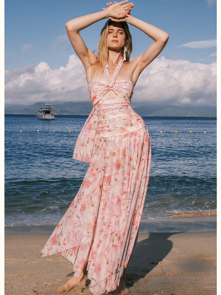 Evelyn Floral Ribbon Neckline Hollow-out Dress - CHINASQUAD