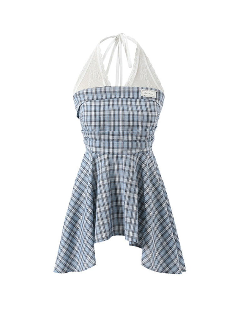 Blue Checkered Lace-Trimmed Camisole Top