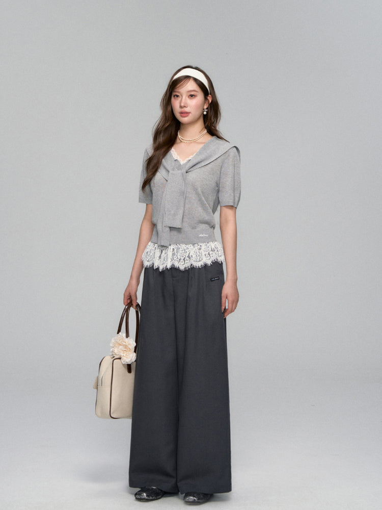 Waistband Lace-spliced Faux Two-piece Long Pants - CHINASQUAD