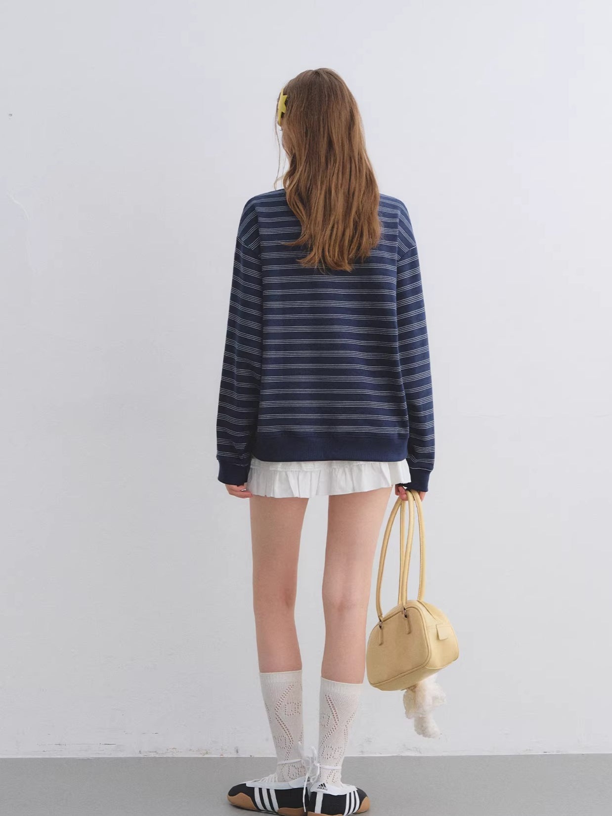 Placket Ruffle Collar Striped Sweatshirt