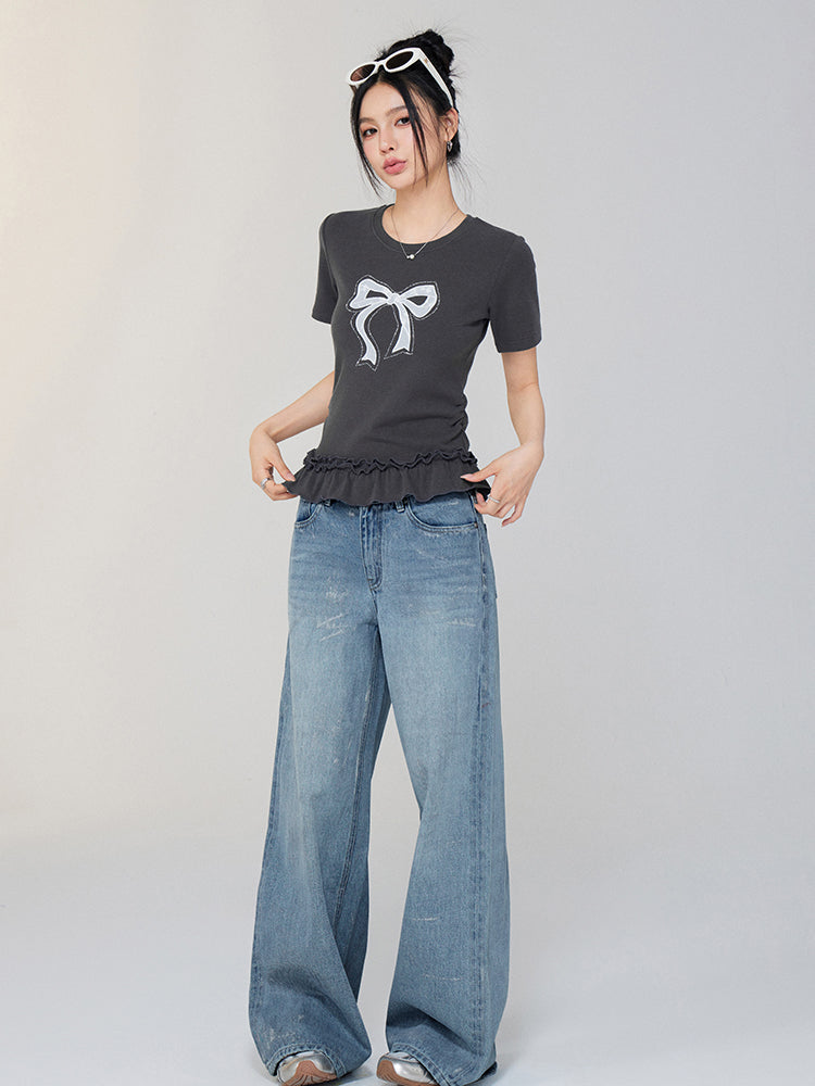 Ballet-style Bow-adorned Short sleeve Top - CHINASQUAD