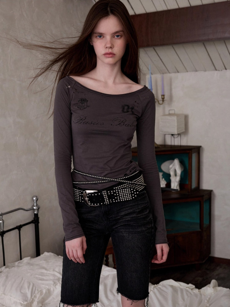 One-Shoulder Badge Printed T-shirt