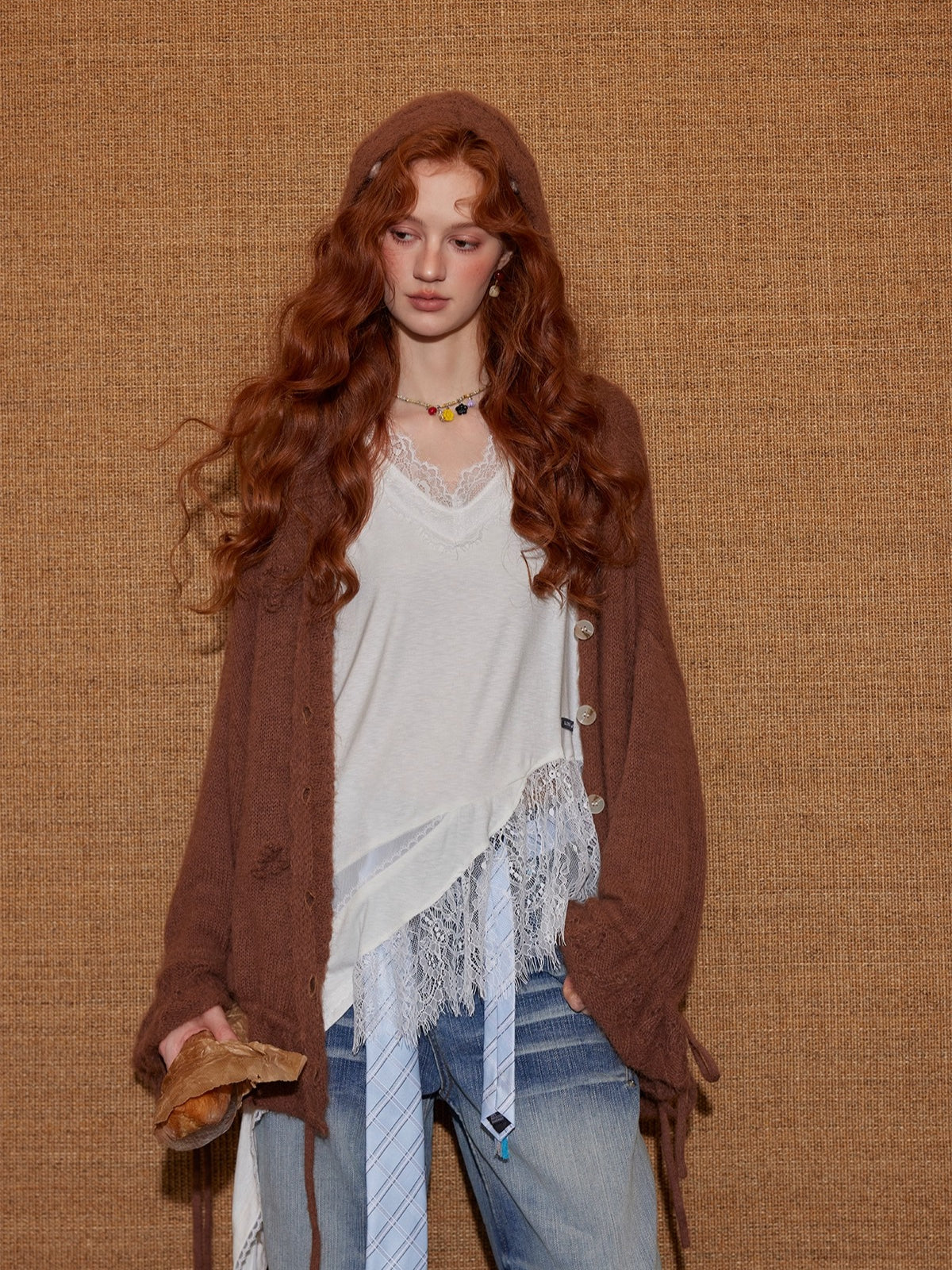 Wool-Blend Drawstring Floral V-Neck Knitted Cardigan - CHINASQUAD