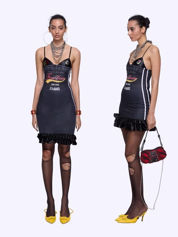 Letter-Print Lace-Trim Jersey Strap Dress