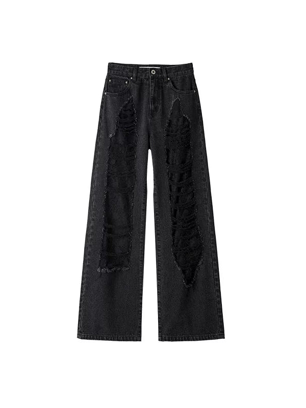 Blue & Black Ripped Lace Denim Jeans - CHINASQUAD