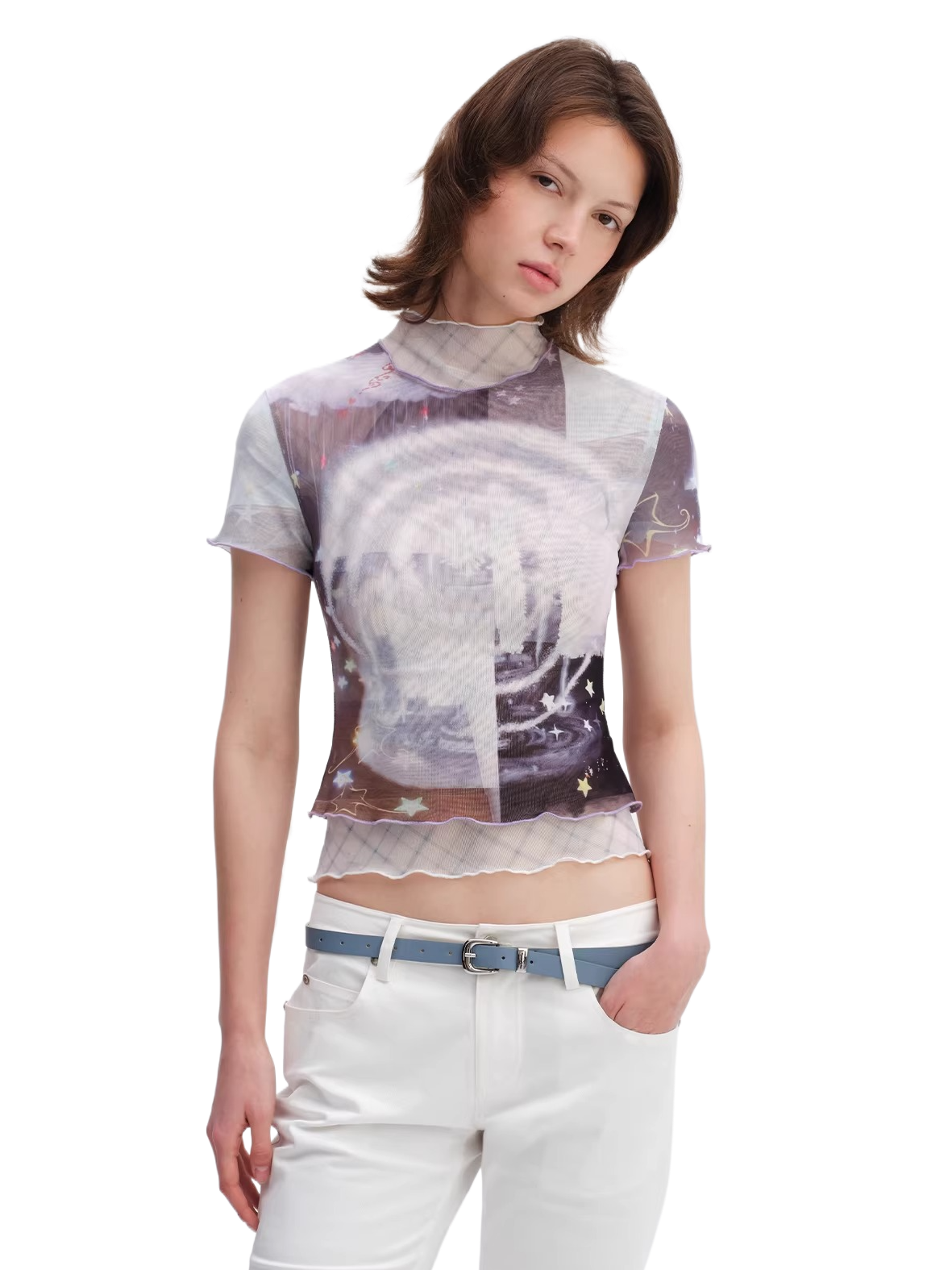 Magic Fountain Sheer Mesh Layered Slim-Fit T-Shirt