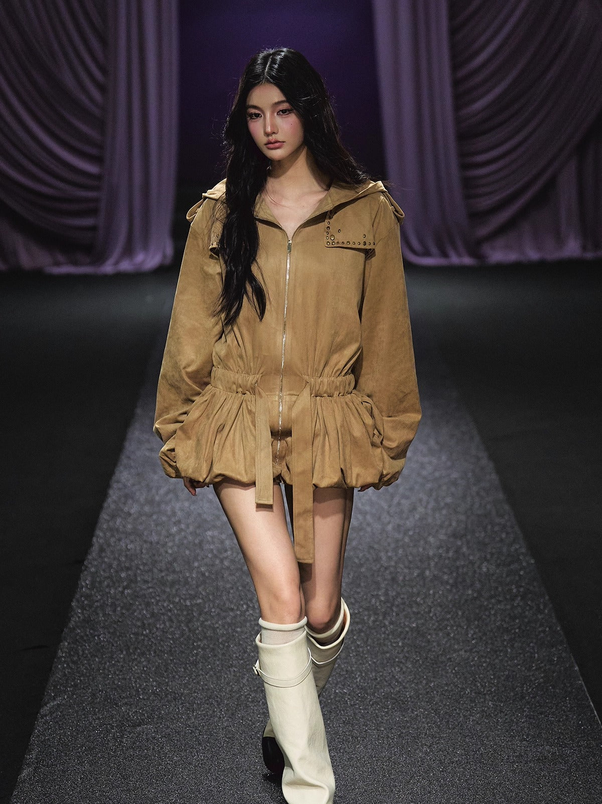 Studded Suede Hooded Trench Coat - CHINASQUAD