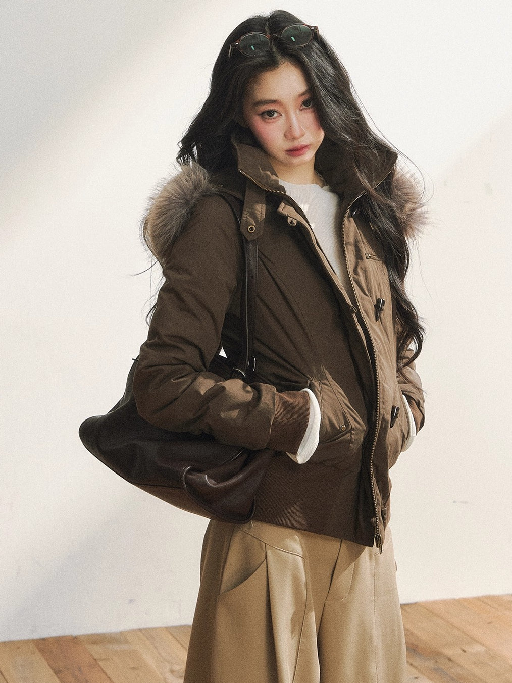 Two-Tone Faux Fur Collar Hooded Duffle Puffer Jacket