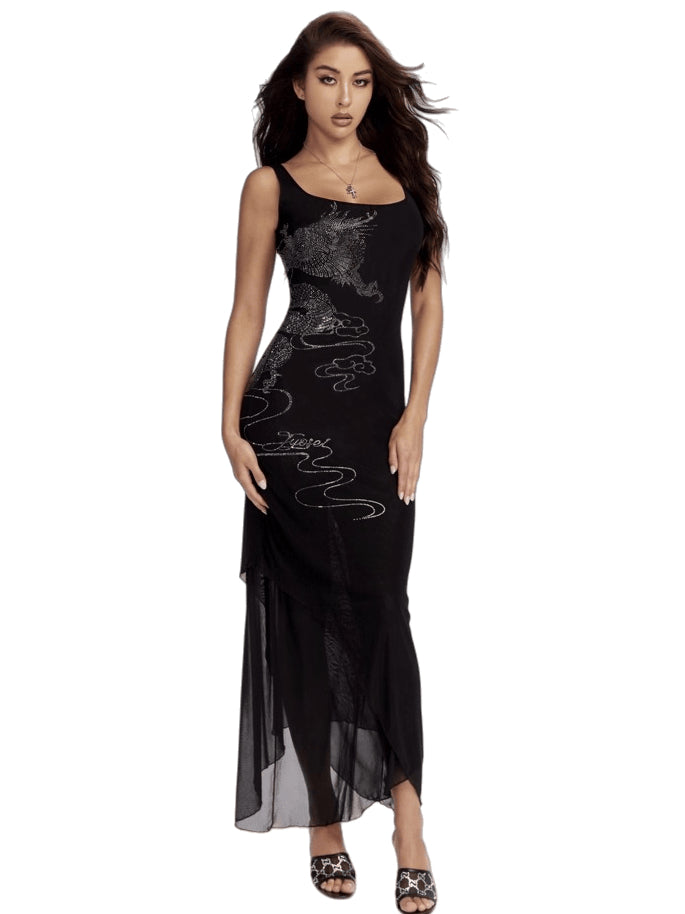 Noir Dragon Crystal Mesh Maxi Dress