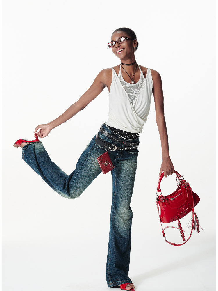 Lace-pieced V-Neck Halter T-shirt - CHINASQUAD