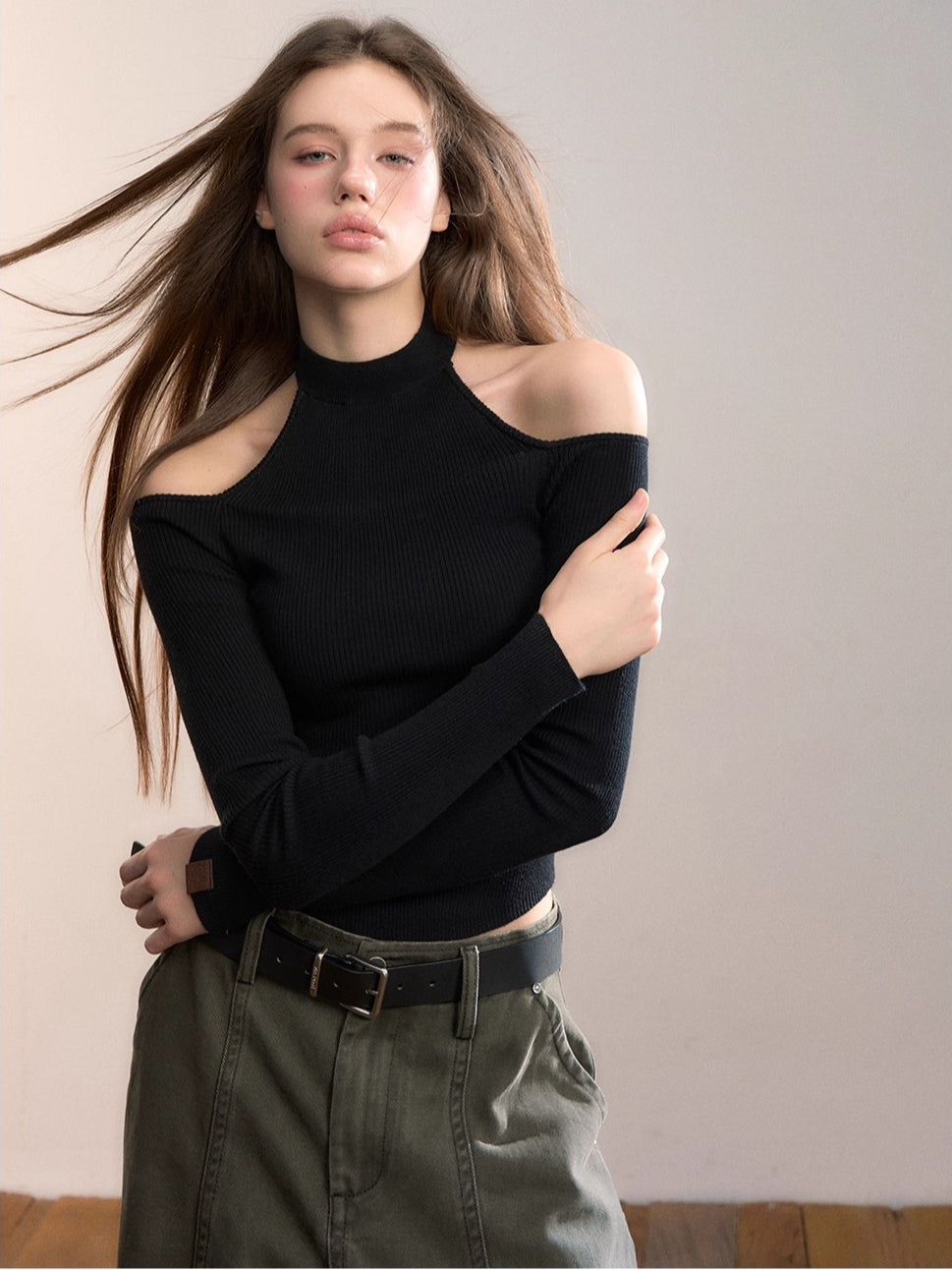 Reversible Cold-Shoulder Knit Turtleneck