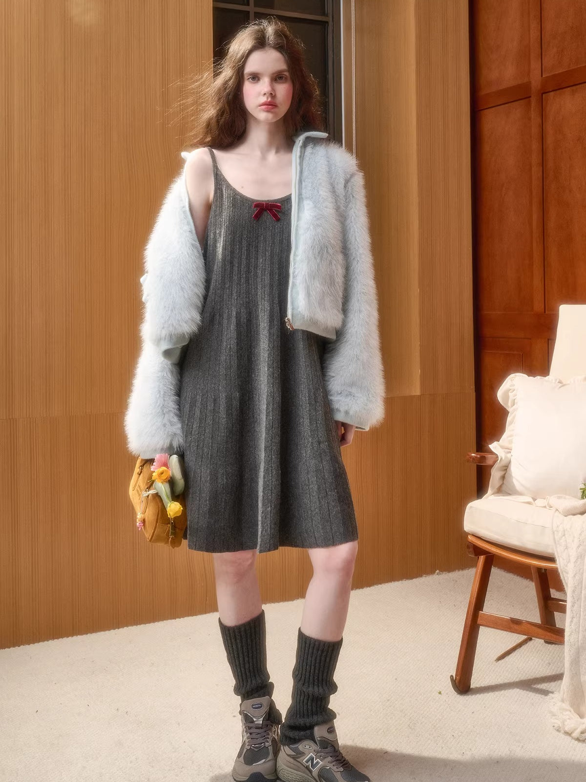 Wool Blend Pleated Knit Midi Dress