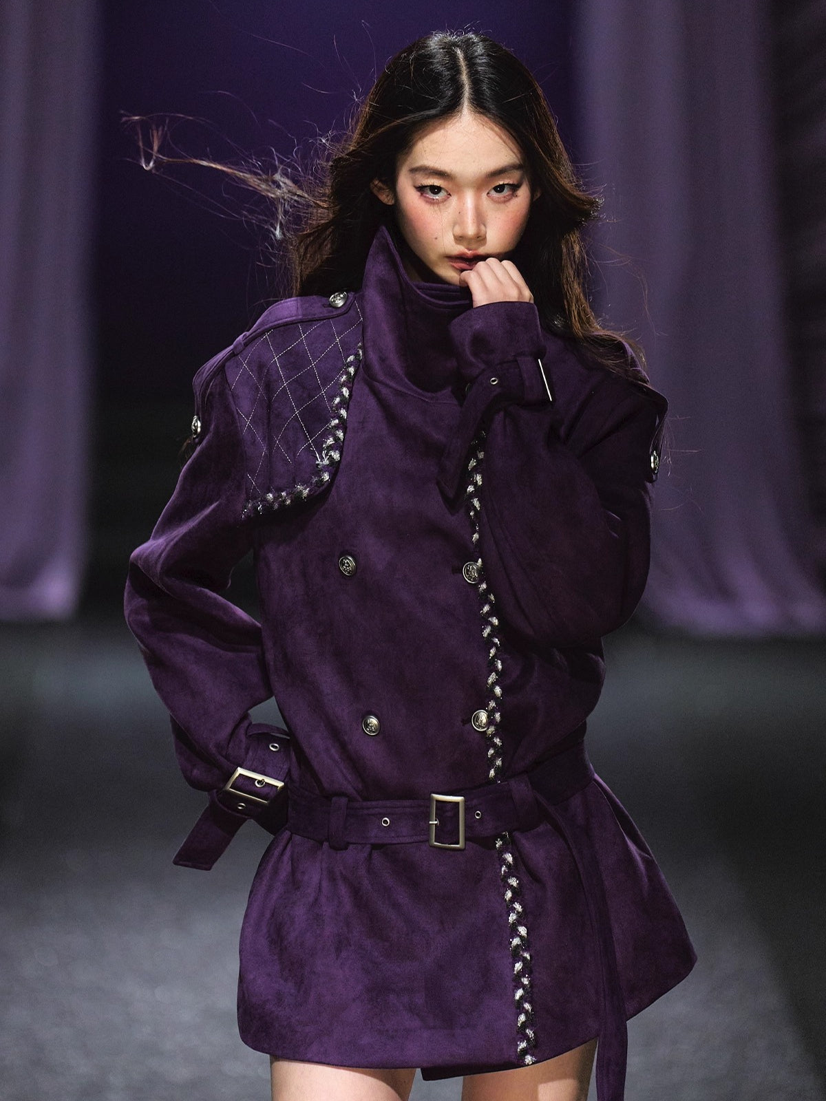 Purple Suede Stand-Collar Trench Jacket - CHINASQUAD