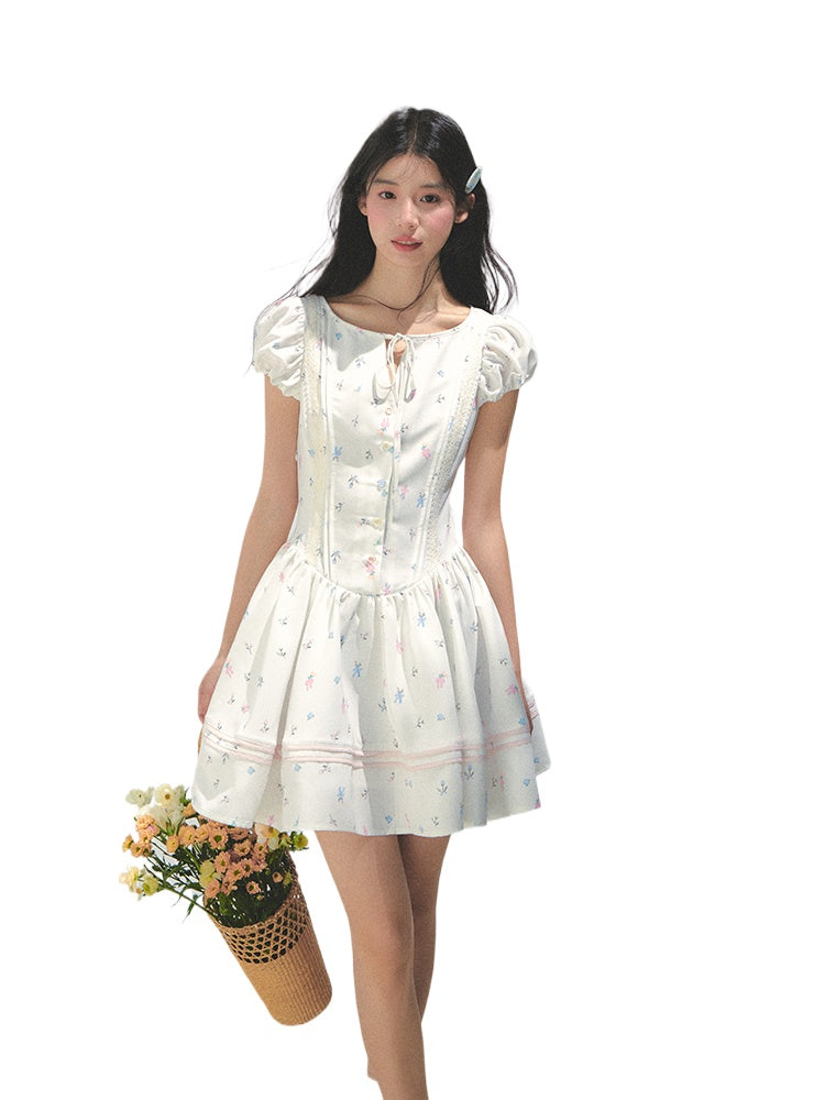 Puff Sleeve Printed Waist - cinching Dress - CHINASQUAD